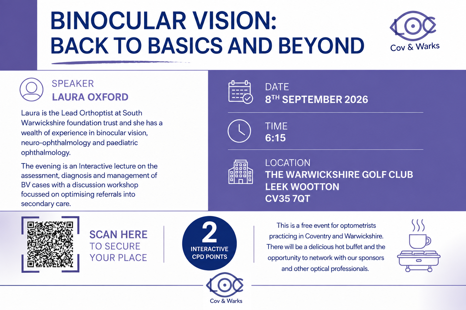 Promotional graphic for Binocular Vision: Back to Basics and Beyond CPD event with Laura Oxford, 8 September 2026 at The Warwickshire Golf Club.
