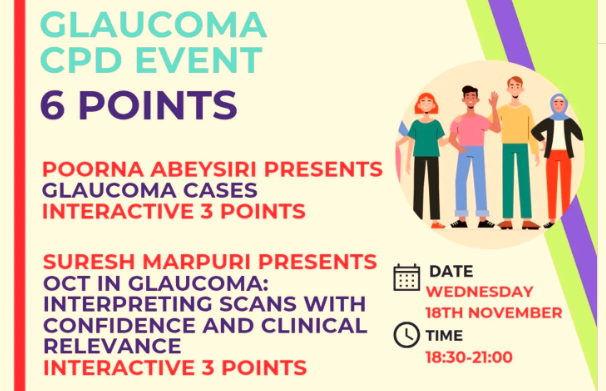 Essex LOC Glaucoma CPD Event 2026 flyer promoting six interactive CPD points on 18 November at ARU/Writtle College, Chelmsford.