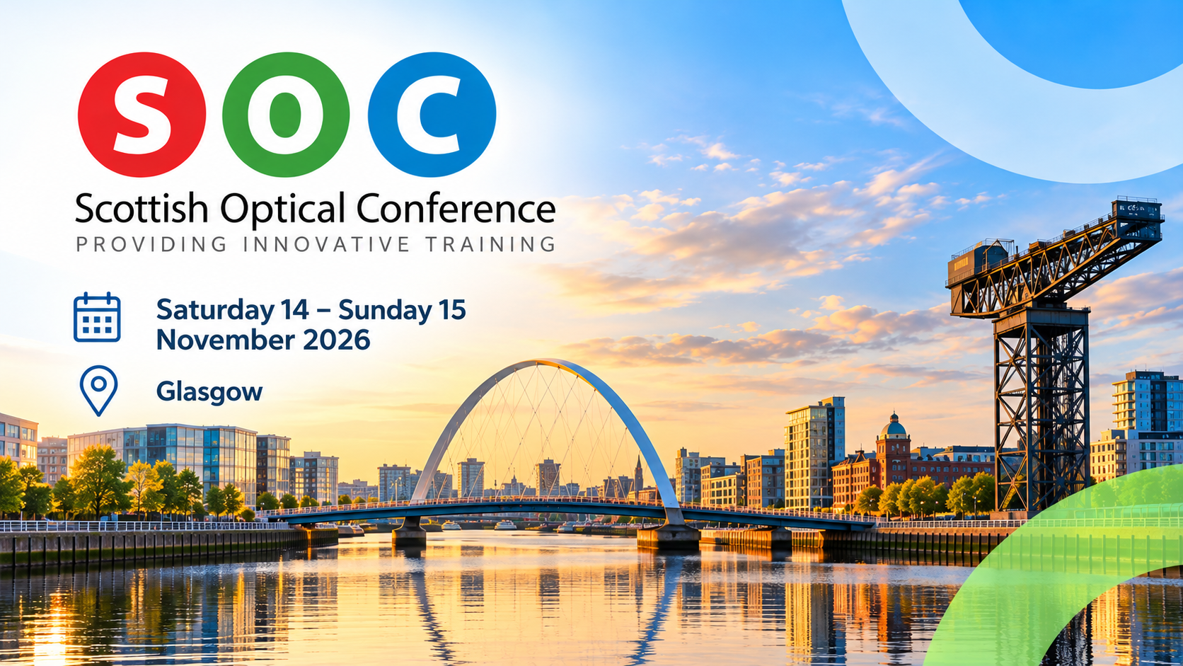 Scottish Optical Conference 2026 banner featuring the SOC logo, event dates and an illustrated Glasgow skyline with the Clyde Arc and Finnieston Crane.