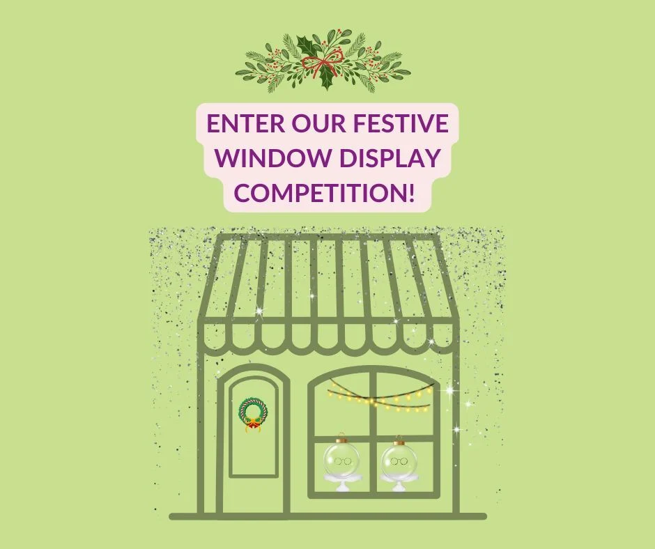 Illustration promoting SightCare's festive window display competition, featuring a decorated optician's shopfront with Christmas lights, wreath and spectacles.